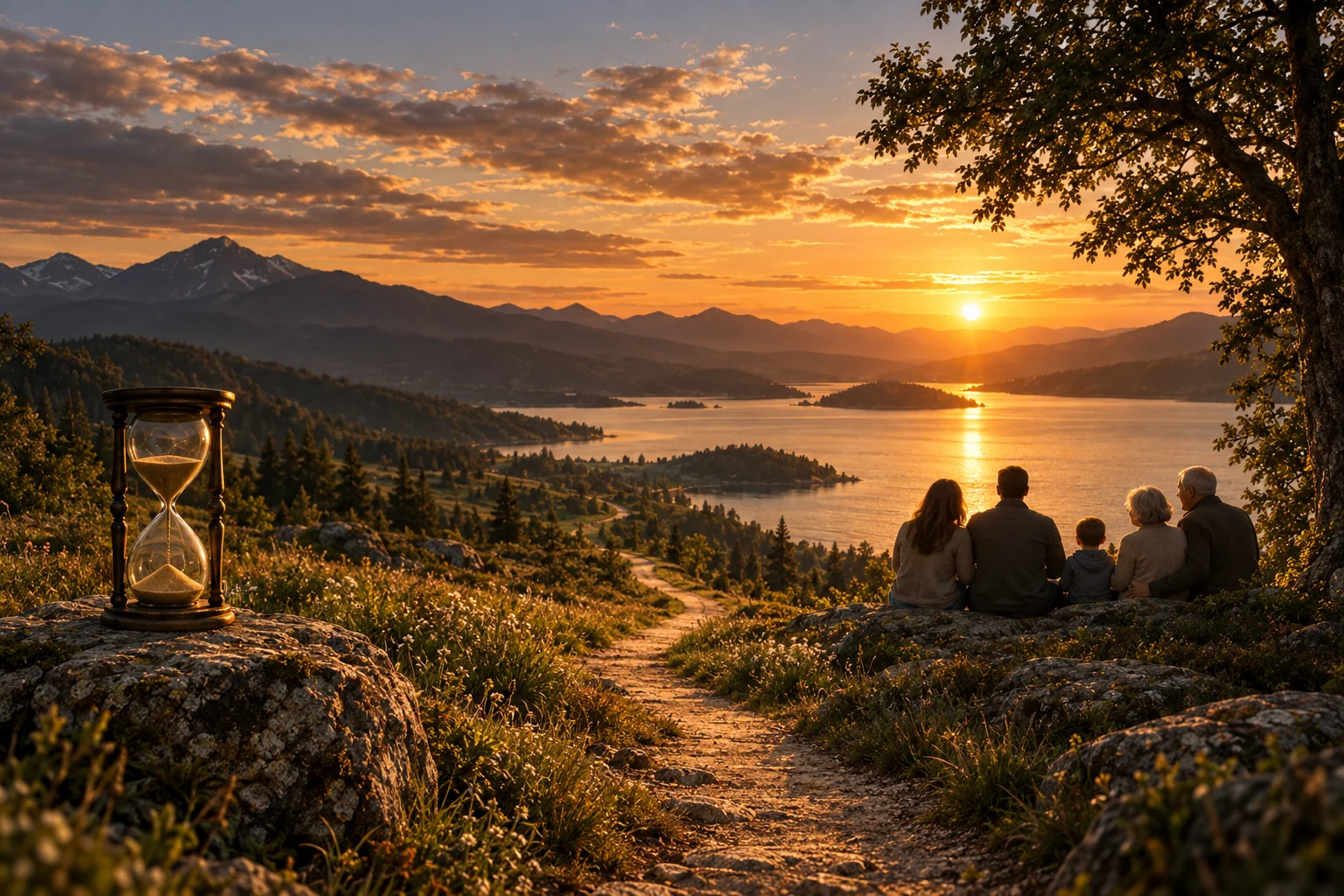 Illustrative sunset landscape with an hourglass, an open trail, and a family by a lake