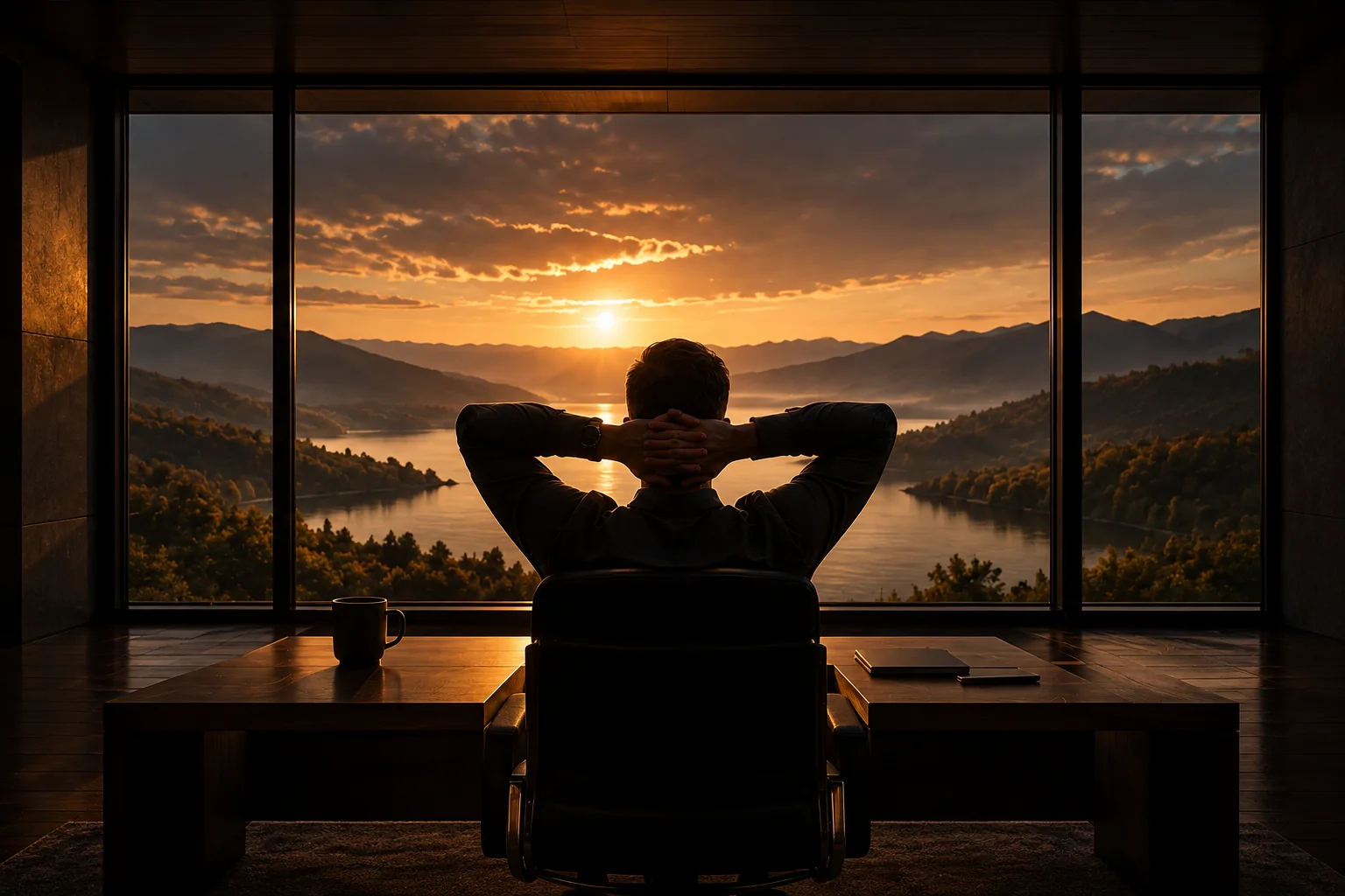Illustrative scene of a person overlooking a mountain lake from an office at sunset