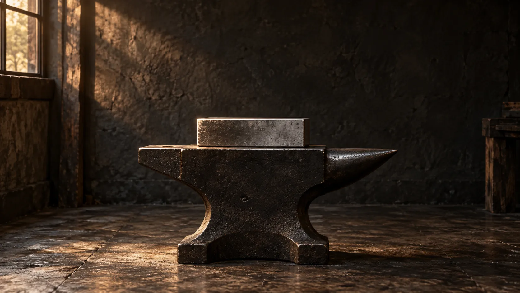 A solid steel block on an anvil in warm reflected light.