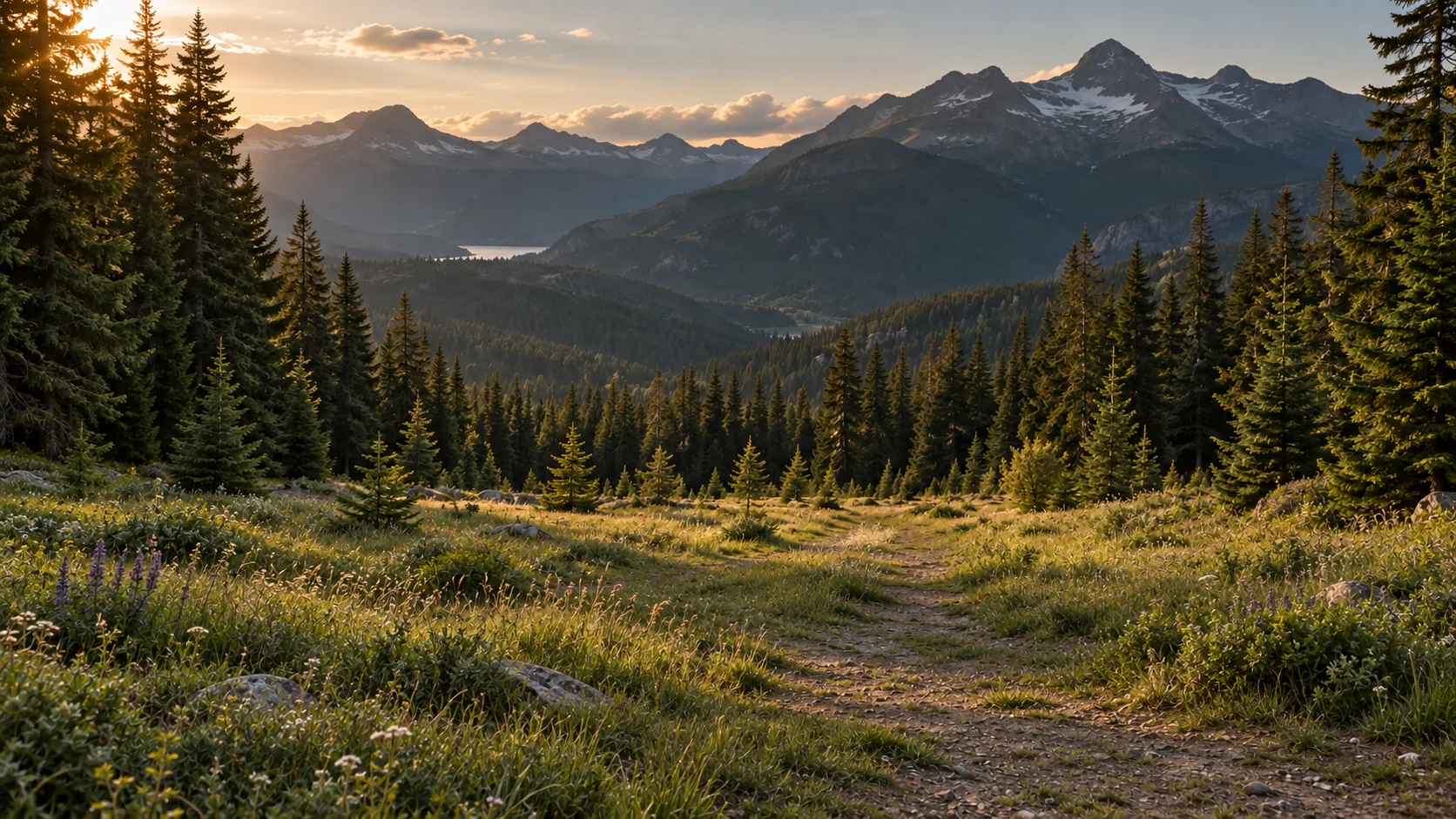 Warm sunlight across a mountain forest and an open meadow.