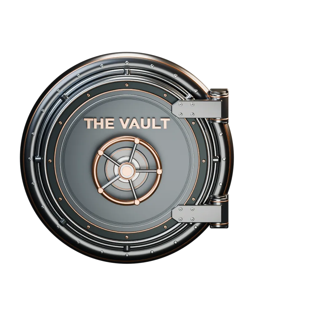 A dark steel vault with a copper wheel and The Vault lettering.